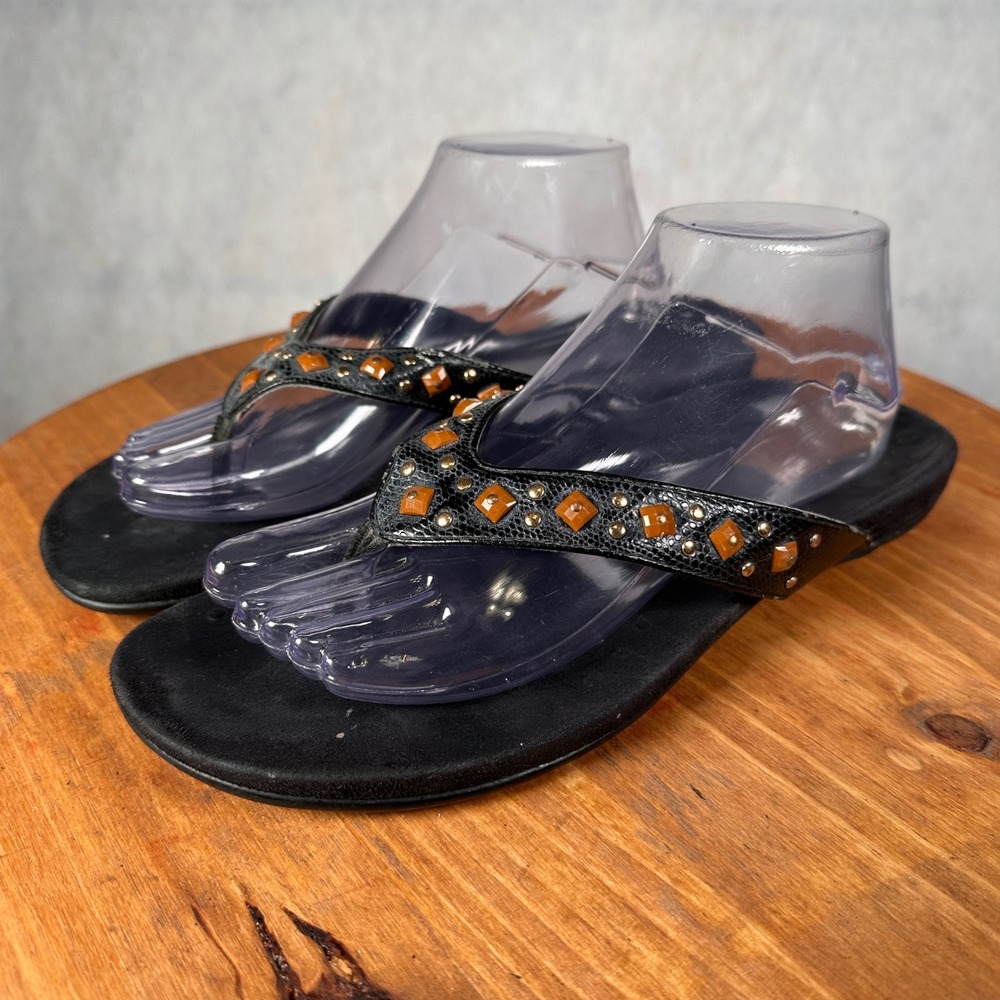 Vionic Thong Sandals Womens 11 Black Studded Orthotic Faux Snakeskin Flip Flop